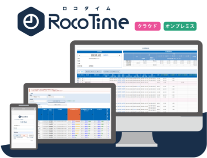 RocoTimeの勤怠管理画面が映ったパソコン、スマホ、タブレットのモックアップ